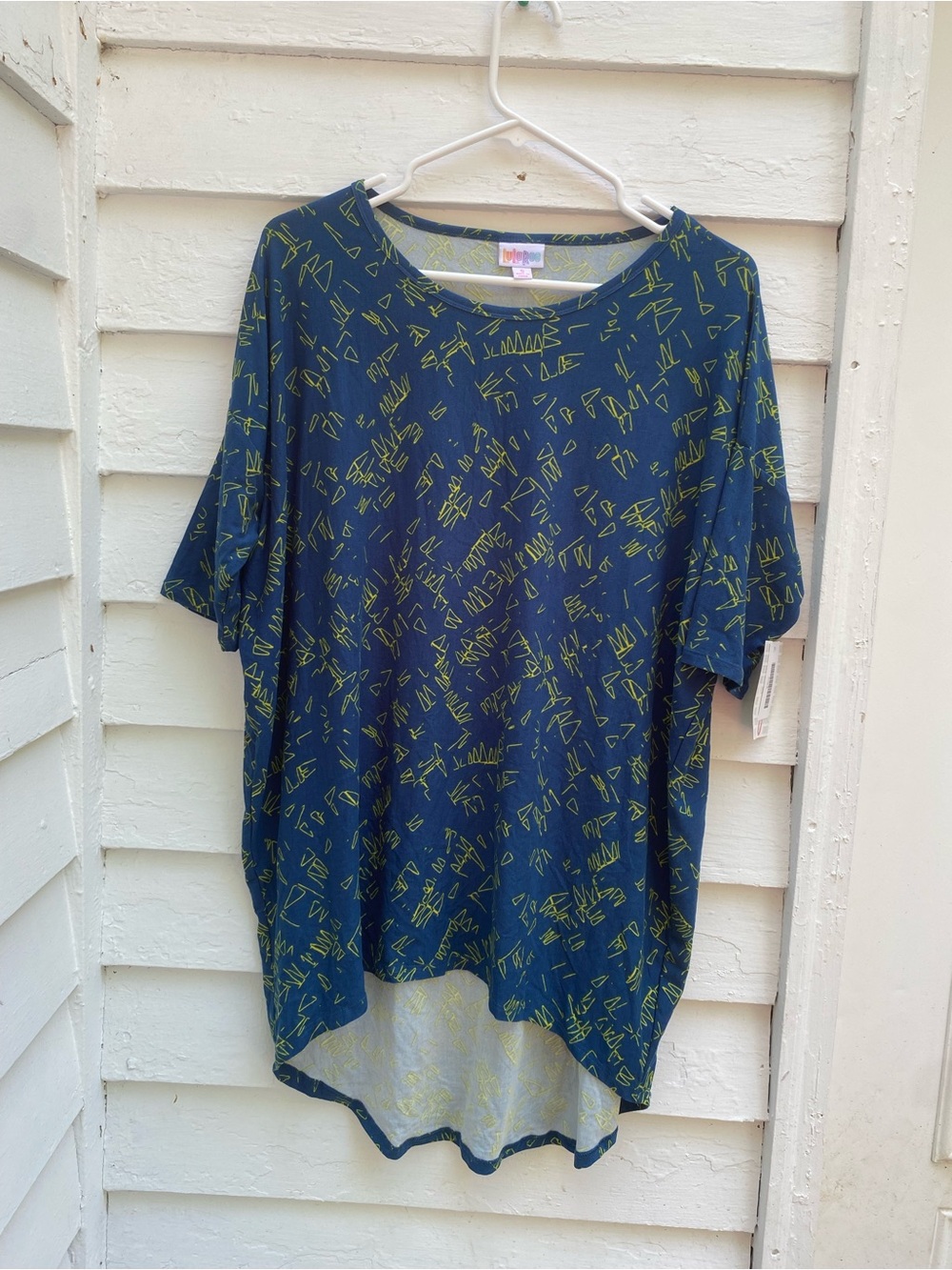 LuLaRoe Navy Top with Neon Lime Abstract Marks